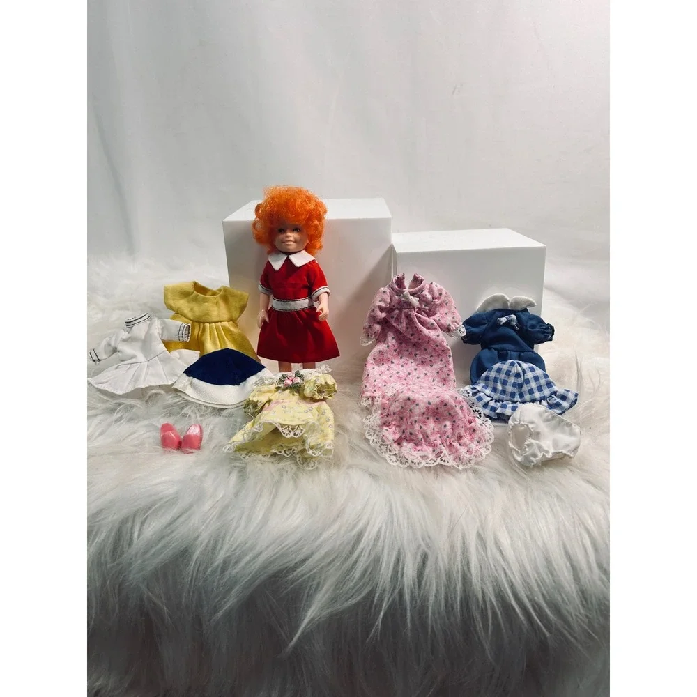 Vintage Little Annie Doll with Extra Outfits Accessories Red‎ Dress Orange Hair